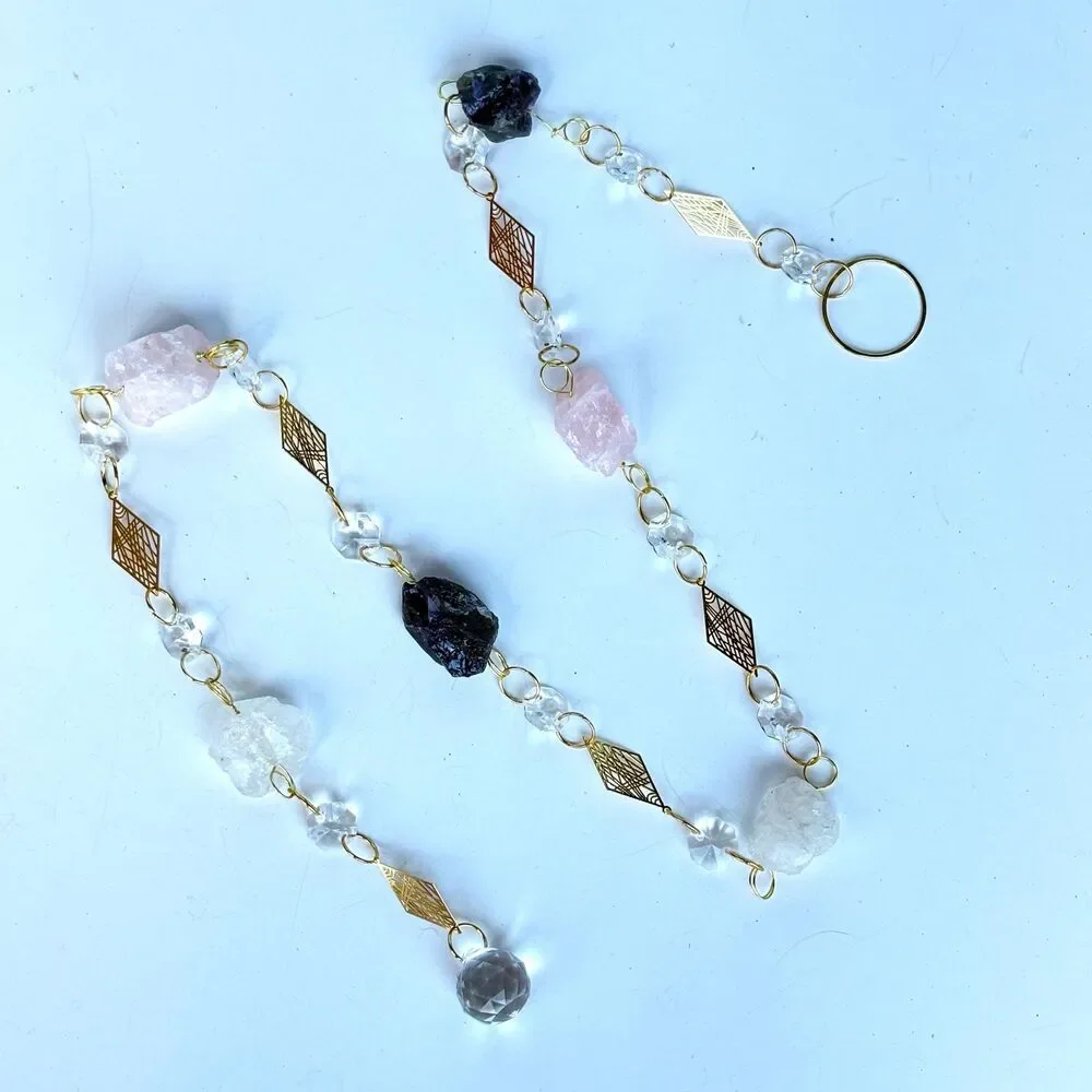 Raw Amethyst, Rose Quartz, Crystal Quartz Gemstone Wall Hanging, Crystal Prism